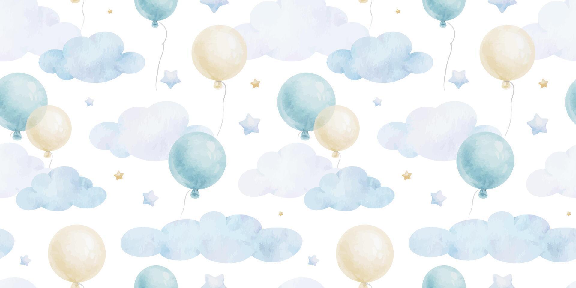 fliegend runden Blau Luftballons, Sterne und Wolken. süß Babys Hintergrund. Aquarell nahtlos Muster von Pastell- Farbe zum Kinder- Gut, Babys Zimmer Design, Einladung, Kinder Textil, Kleidung vektor