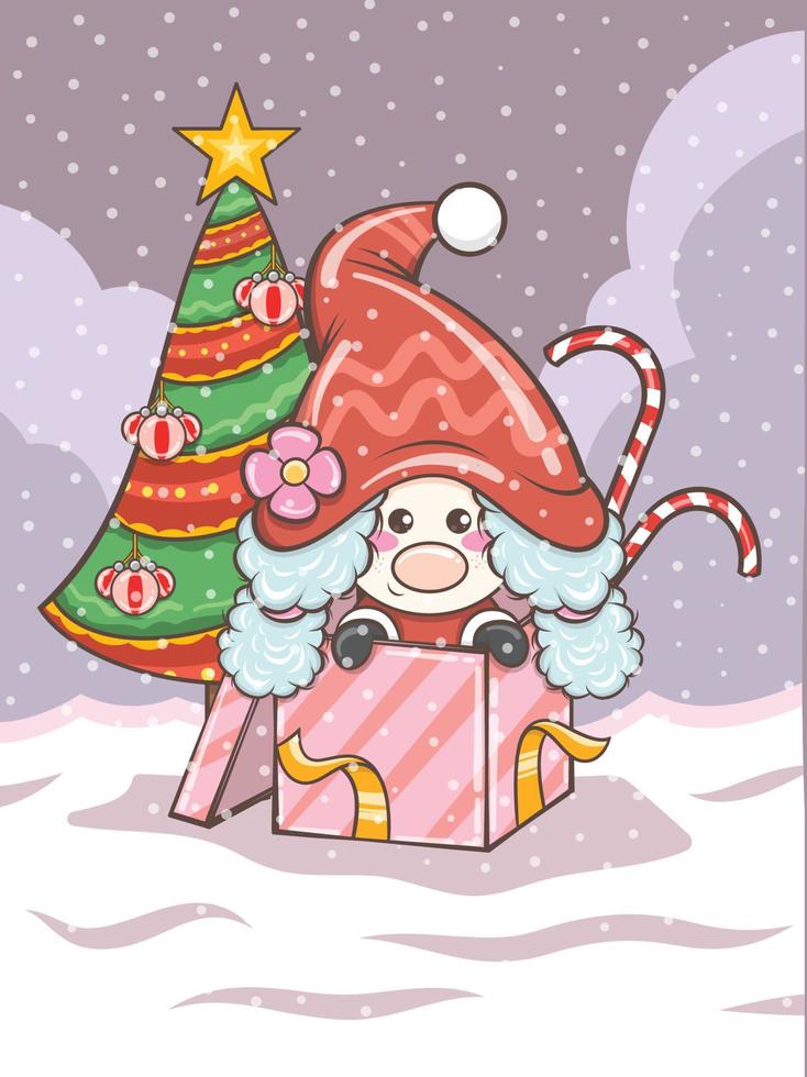 söt gnome flicka illustration med jul presentförpackning vektor