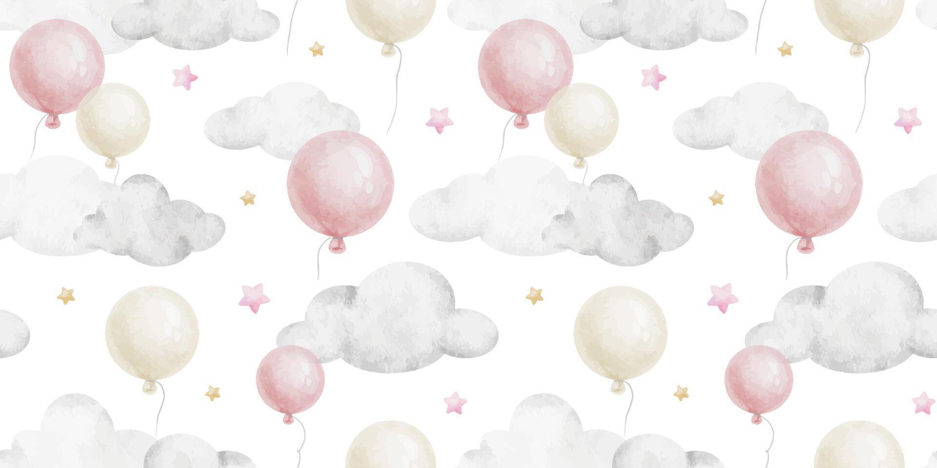 fliegend um Rosa Luftballons, Sterne, Wolken. süß Babys Hintergrund. Aquarell nahtlos Muster von Pastell- Farbe zum Kinder- Gut, Babys Zimmer Design, Einladung, Kinder Textil, Kleidung vektor