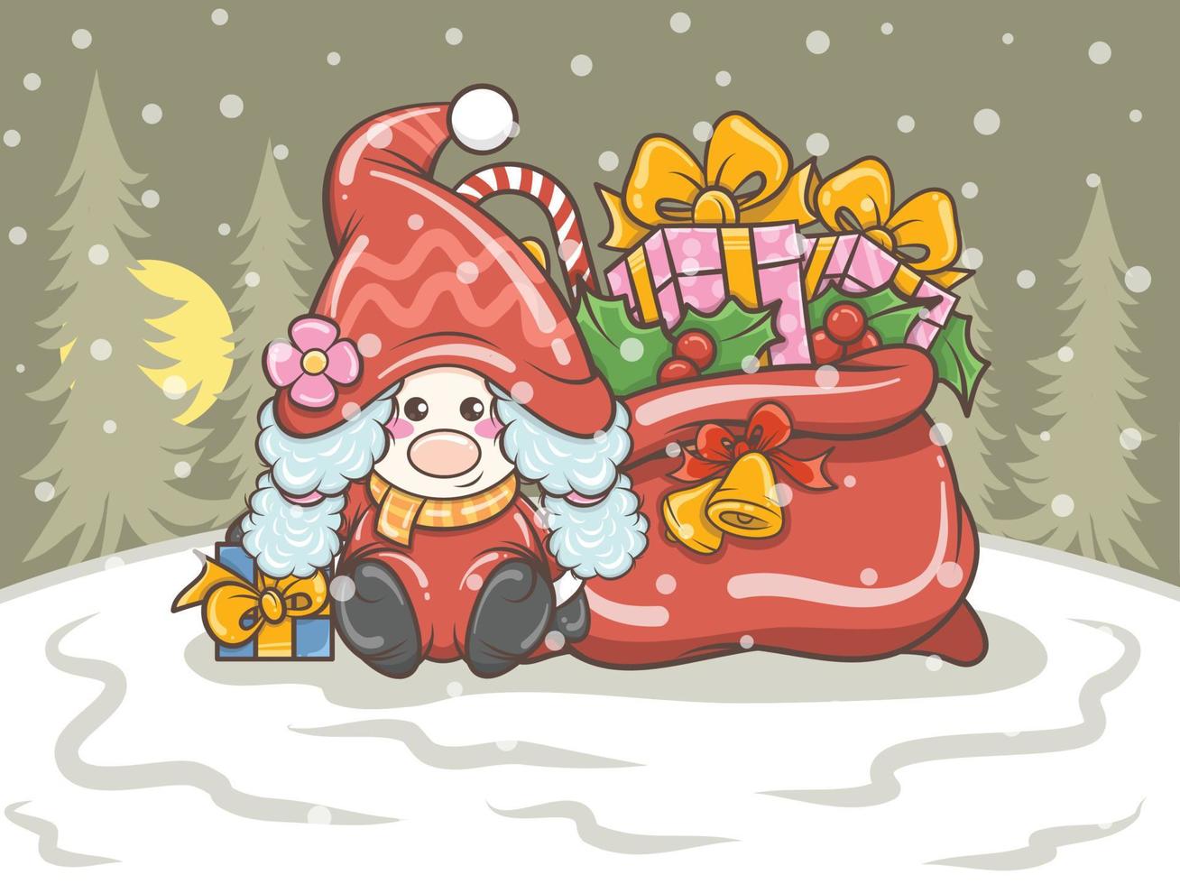 niedliche Gnome-Mädchenillustration mit Weihnachtsgeschenktüte vektor