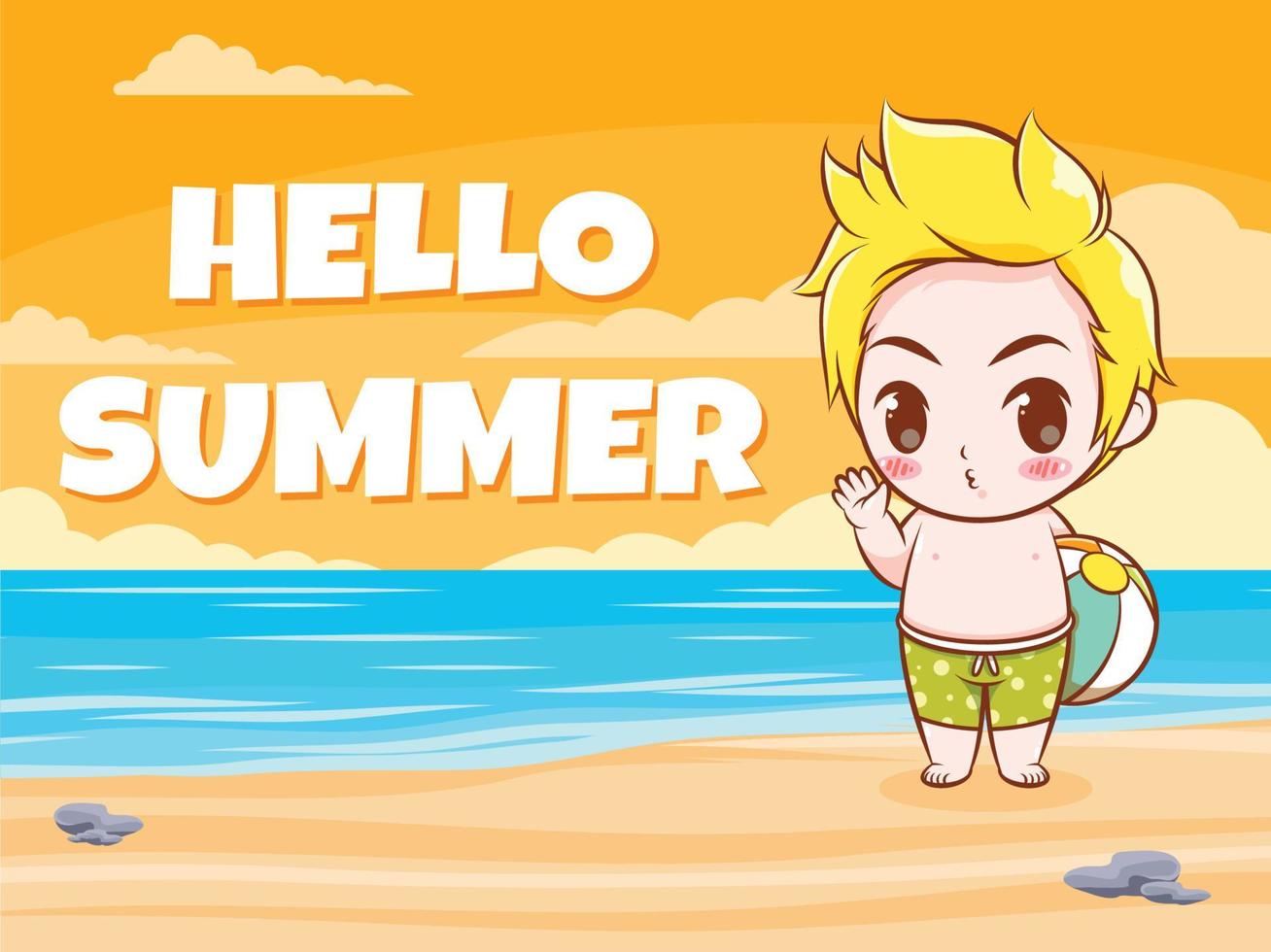 en söt pojke säger hej sommar. sommar hälsning koncept illustration. vektor