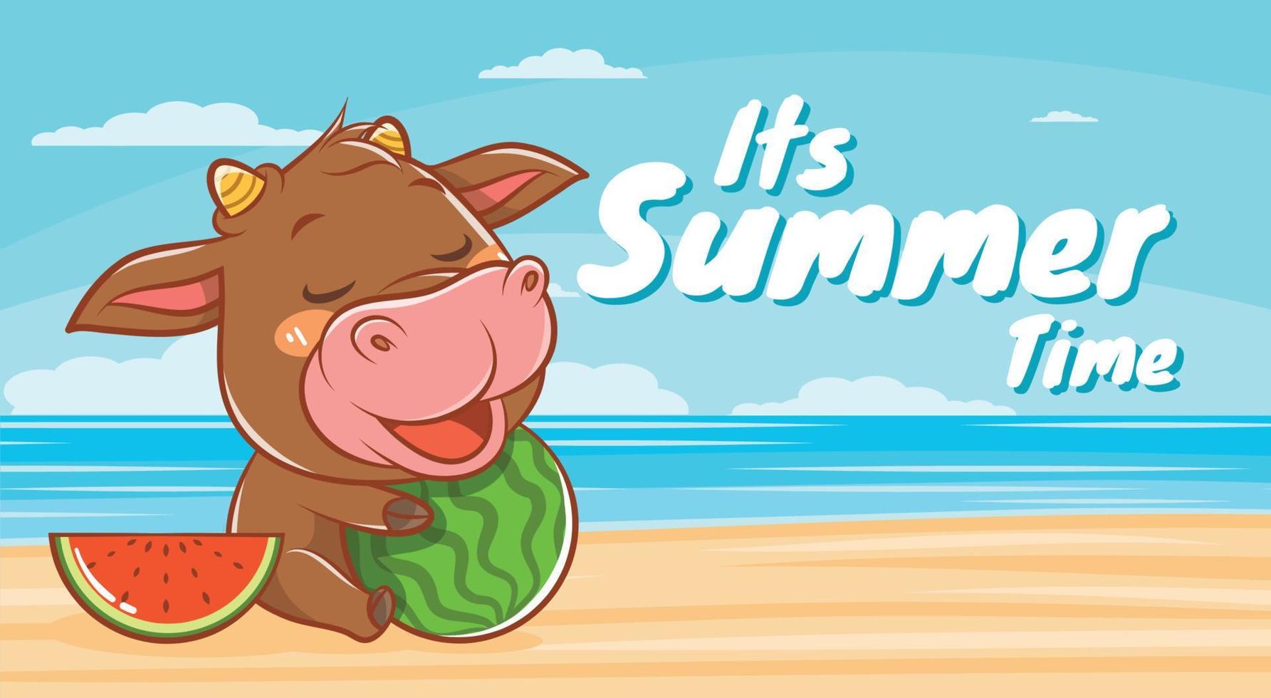 söt ko med en sommar hälsning banner. vektor