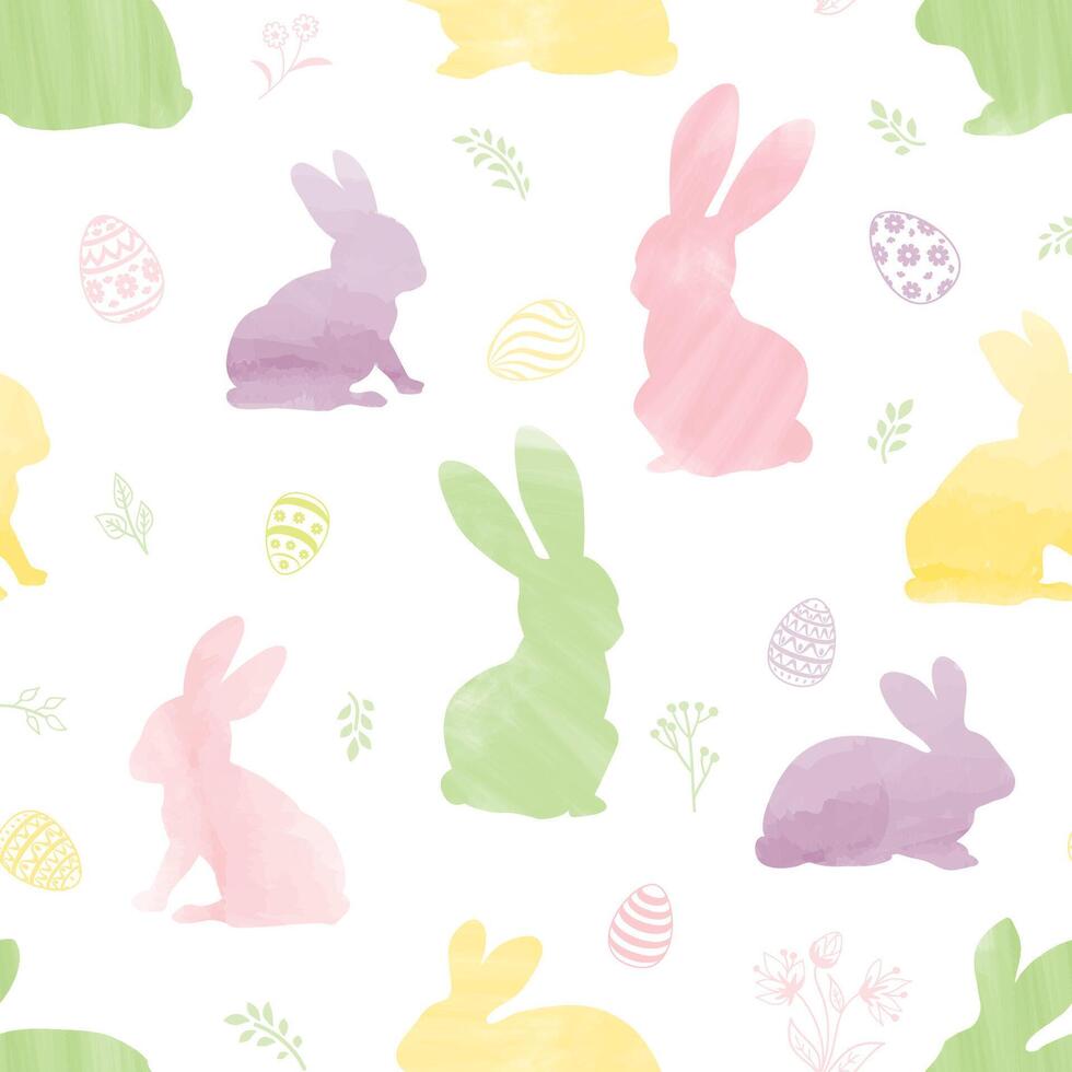 sömlös mild mönster med blommor, kaniner, och påsk ägg på vit bakgrund. påsk Semester dekor för hemsida, paket, hälsning kort design vektor