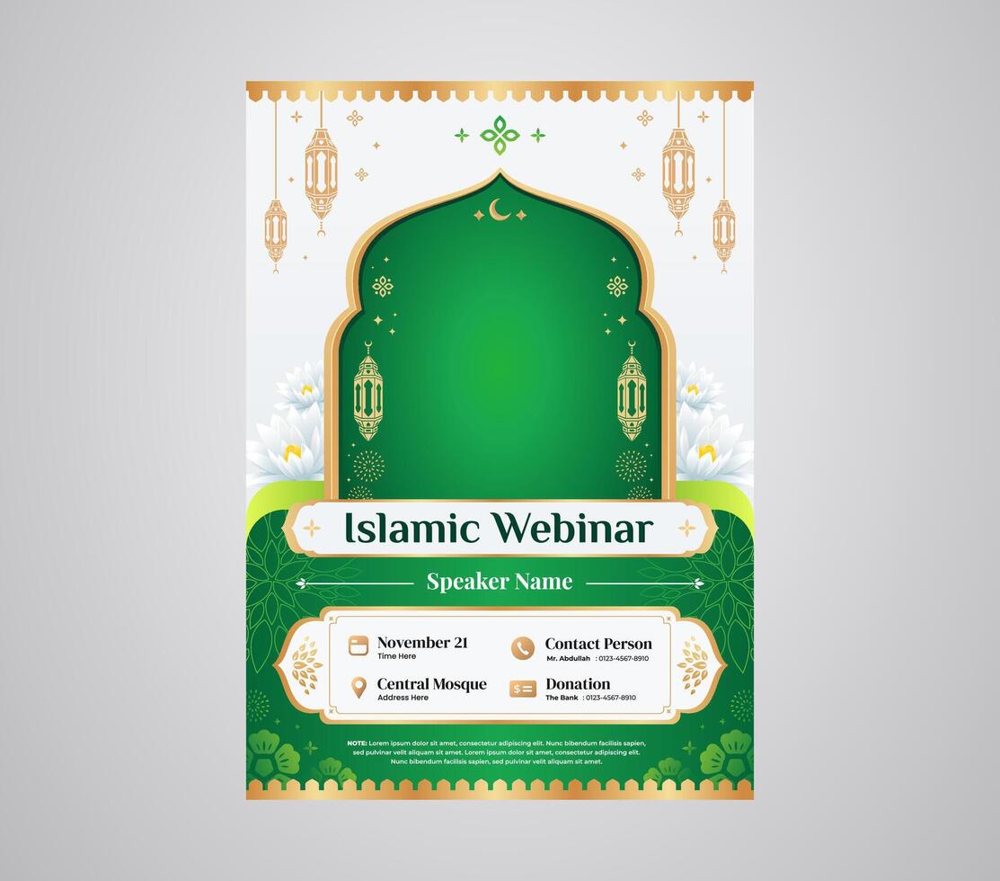 grön islamic seminarium och webinar a4 affisch flygblad design mall för islamic undervisning och föreläsningar vektor
