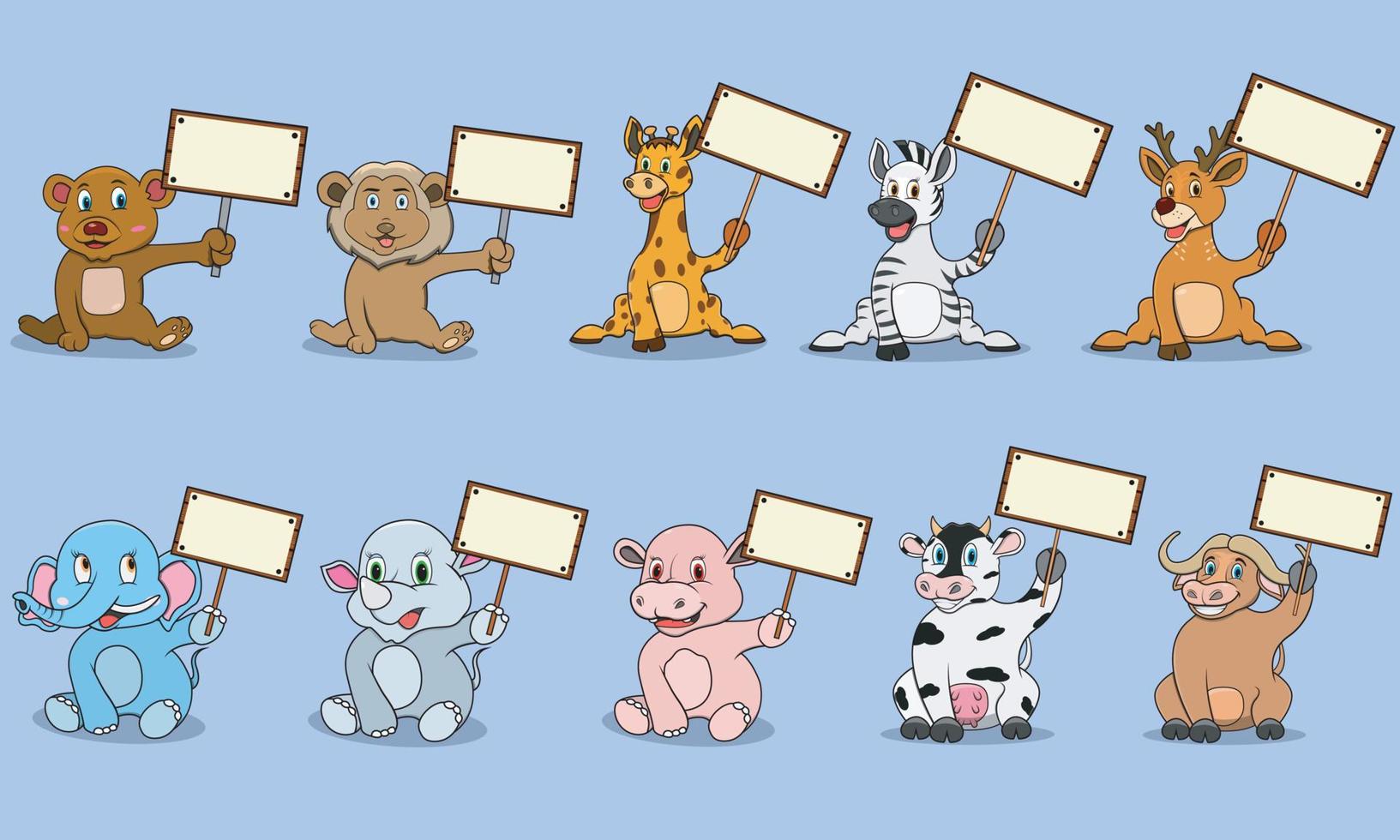 zehn Tiere Charakter mit Farbhintergrund, Maskottchen, Symbol, Charakter oder Logo, Vektor und Illustration.