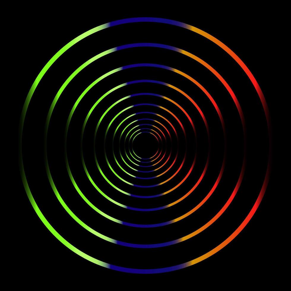bunt Neon- Kreise, leuchtenden auf dunkel Hintergrund Regenbogen farbig Ringe. vektor