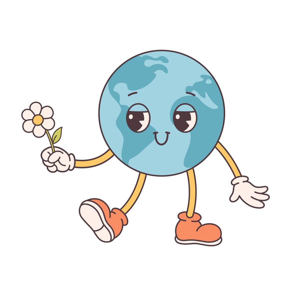 modisch Karikatur groovig Planet Charakter im retro Stil 60er Jahre und 70er. Solar- System, Raum. Erde Tag, speichern Planet vektor