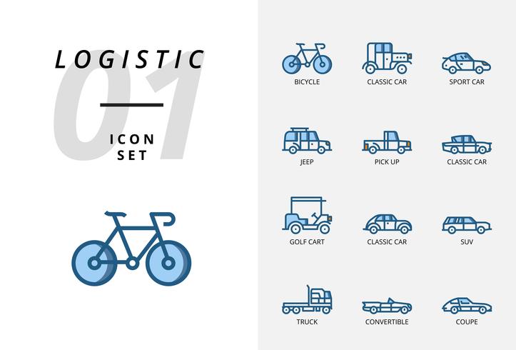 Ikonförpackning för logistik, flatbilsbil, sökprodukt, leveransfynd, flygplan, vikt, scooter, plats, skyddad, leverans, tåg, skepp, jordklot. vektor