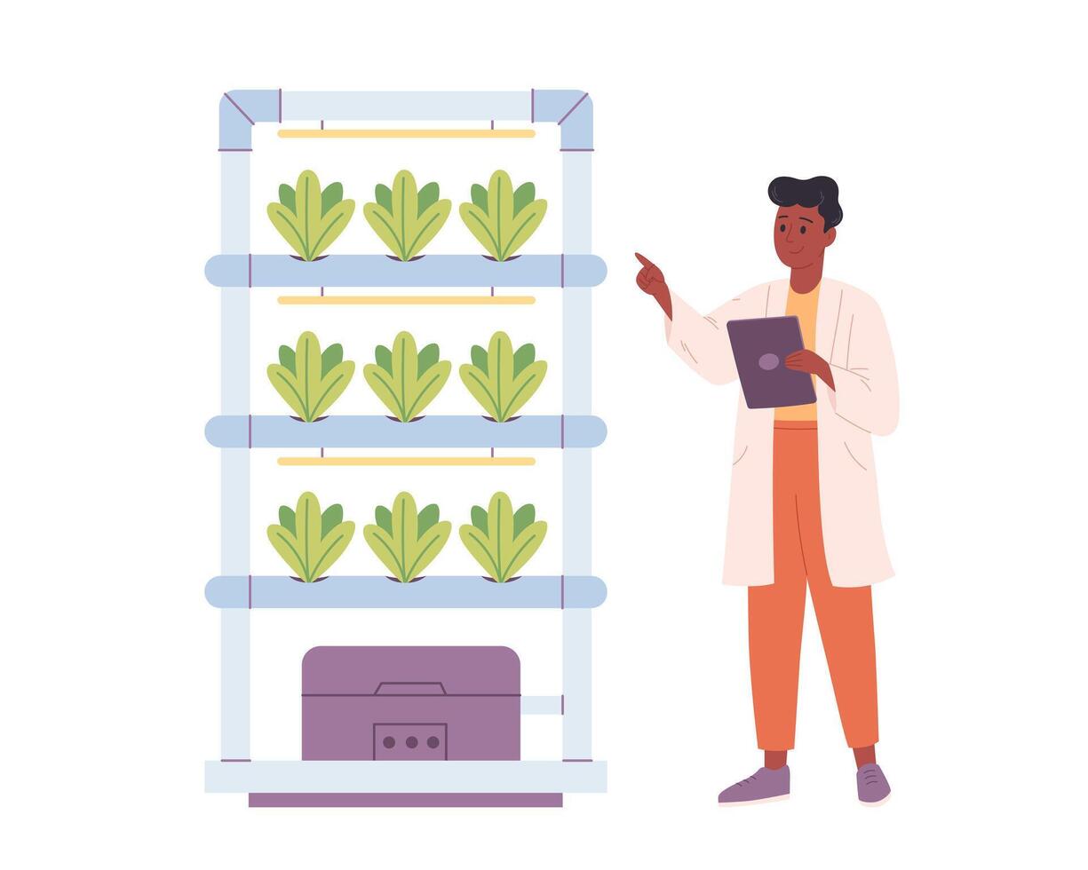 Hydrokultur Technologie zum Pflanzen wachsend. Vertikale Landwirtschaft. Wissenschaftler oder Biologe wächst Pflanzen im hydroponisch Bauernhof. Clever Bauernhof vektor