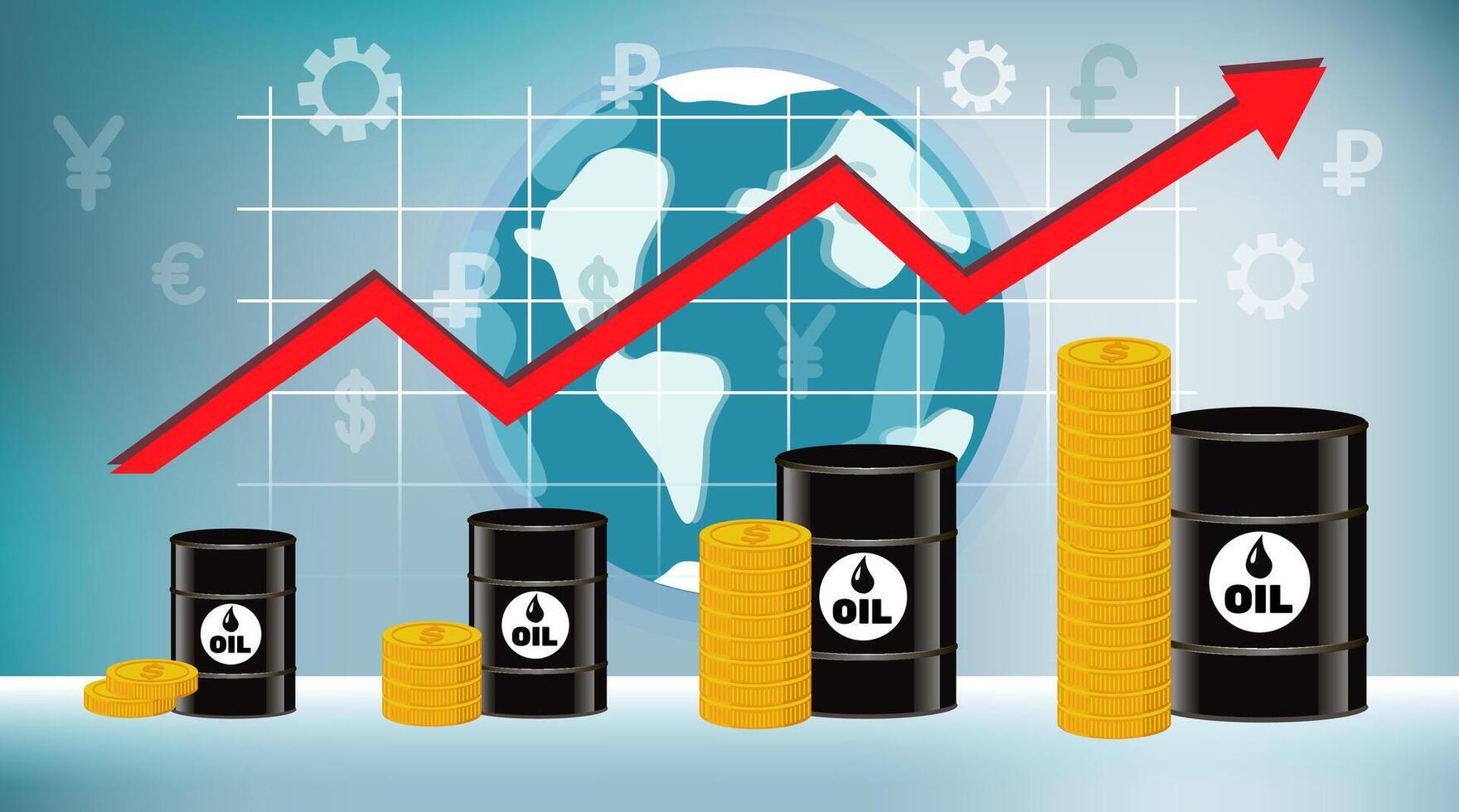 das Preis von Öl ist steigend. Fässer von Öl, Geld und Infografiken gegen das Hintergrund von das Globus und Welt Währungen. Illustration, Konzept auf ein Blau Hintergrund. vektor