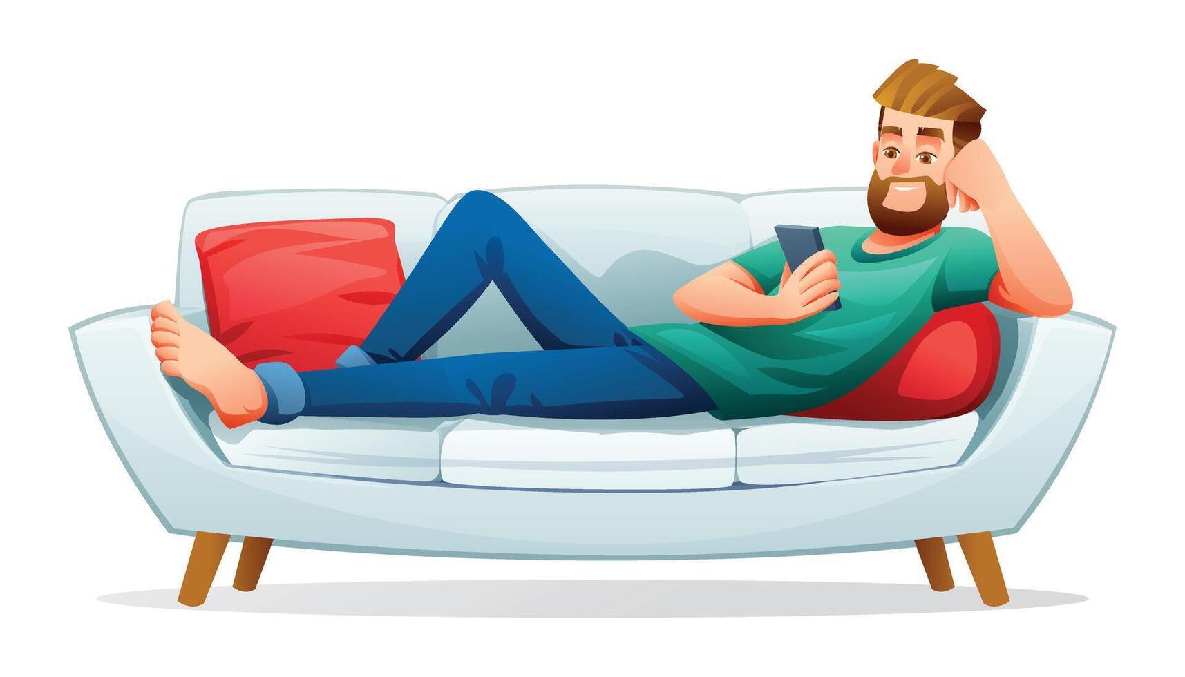 Mann Lügen auf das Couch während mit Smartphone. Illustration isoliert auf Weiß Hintergrund vektor