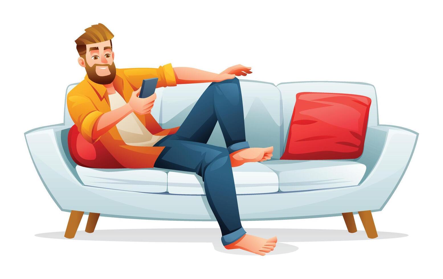 man Sammanträde på de soffa medan använder sig av smartphone. illustration isolerat på vit bakgrund vektor