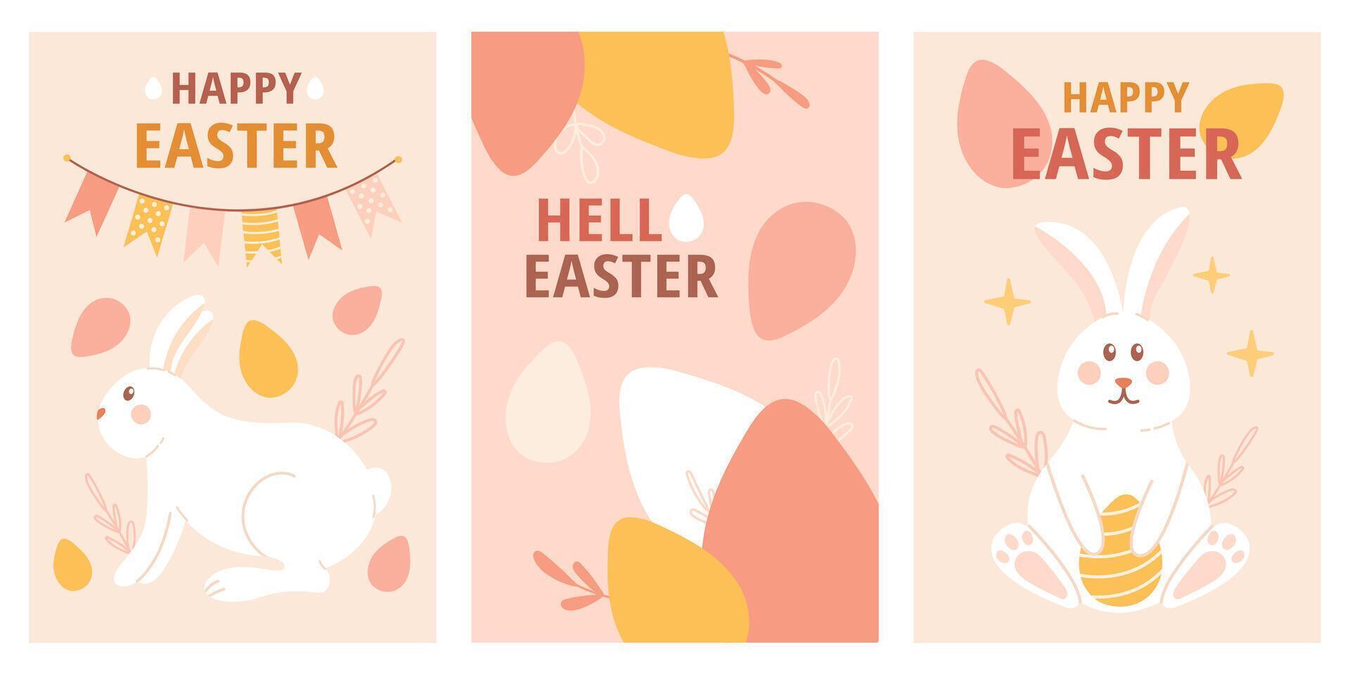 Lycklig påsk uppsättning affisch, kort. påsk ägg, kanin. vår modern illustration. vektor