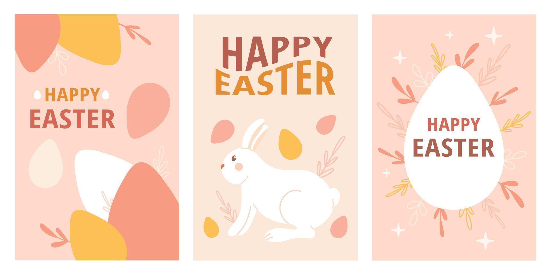 Lycklig påsk uppsättning affisch, kort. påsk ägg, kanin. vår modern illustration vektor