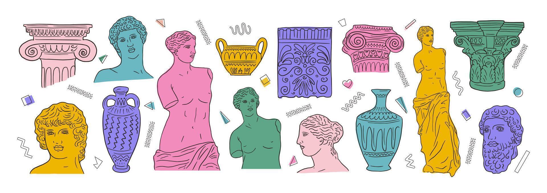 grekisk gammal stor uppsättning, olika antik statyer. huvuden, vas, kropp. hand dragen illustrationer av klassisk skulptur i trendig modern stil vektor
