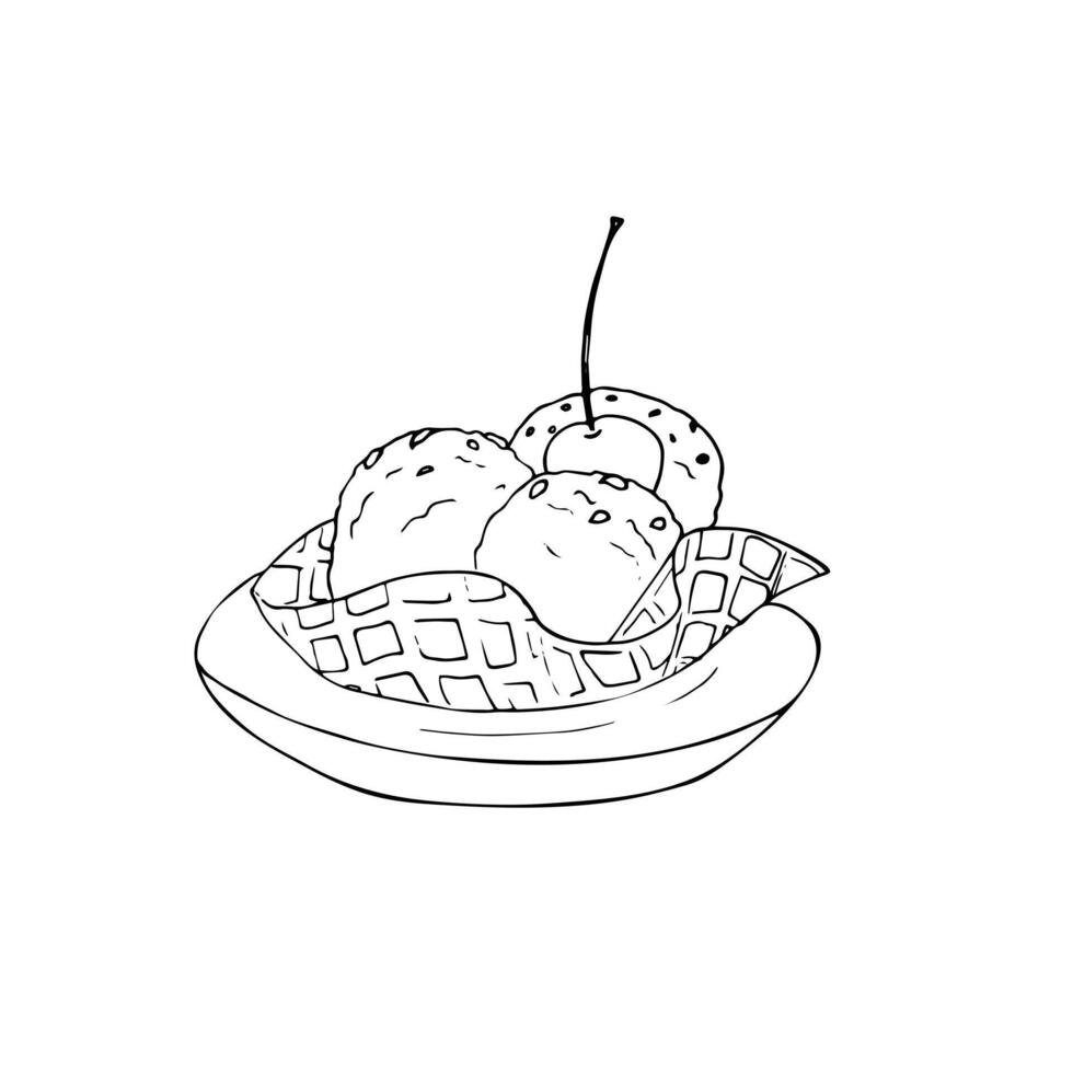 ritad för hand is grädde bollar på en tallrik med wafers och körsbär. klotter stil efterrätt. illustration. vektor