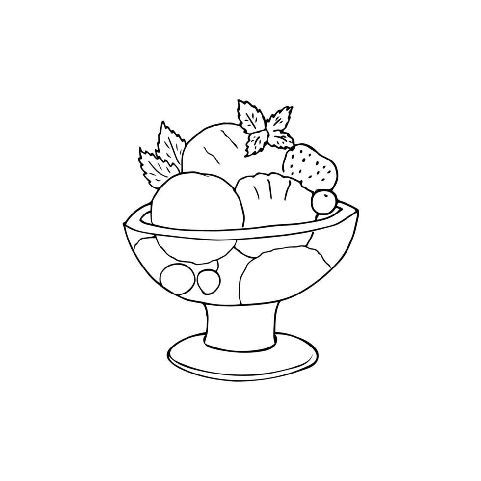 ritad för hand is grädde bollar i en glas skål med körsbär och mynta. klotter stil efterrätt. illustration. vektor