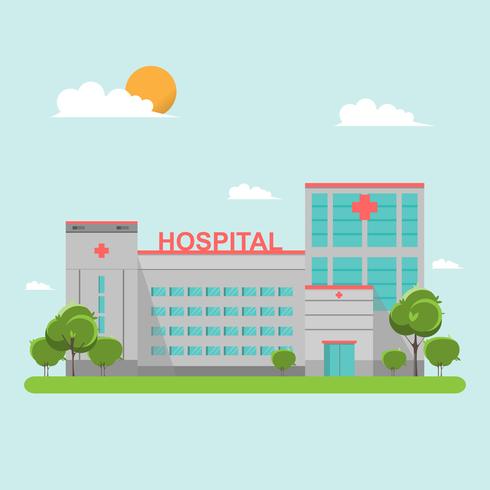 Flache Art des Krankenhausgebäudes auf blauem Himmel vektor