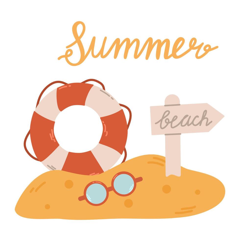 Hintergrund von Sommer- Meer Strand mit Gruß. Hallo Sommer, einstellen von Elemente im das Sand. das Zeichen ist das Strand, Sonnenbrille, und ein Rettungsring. vektor