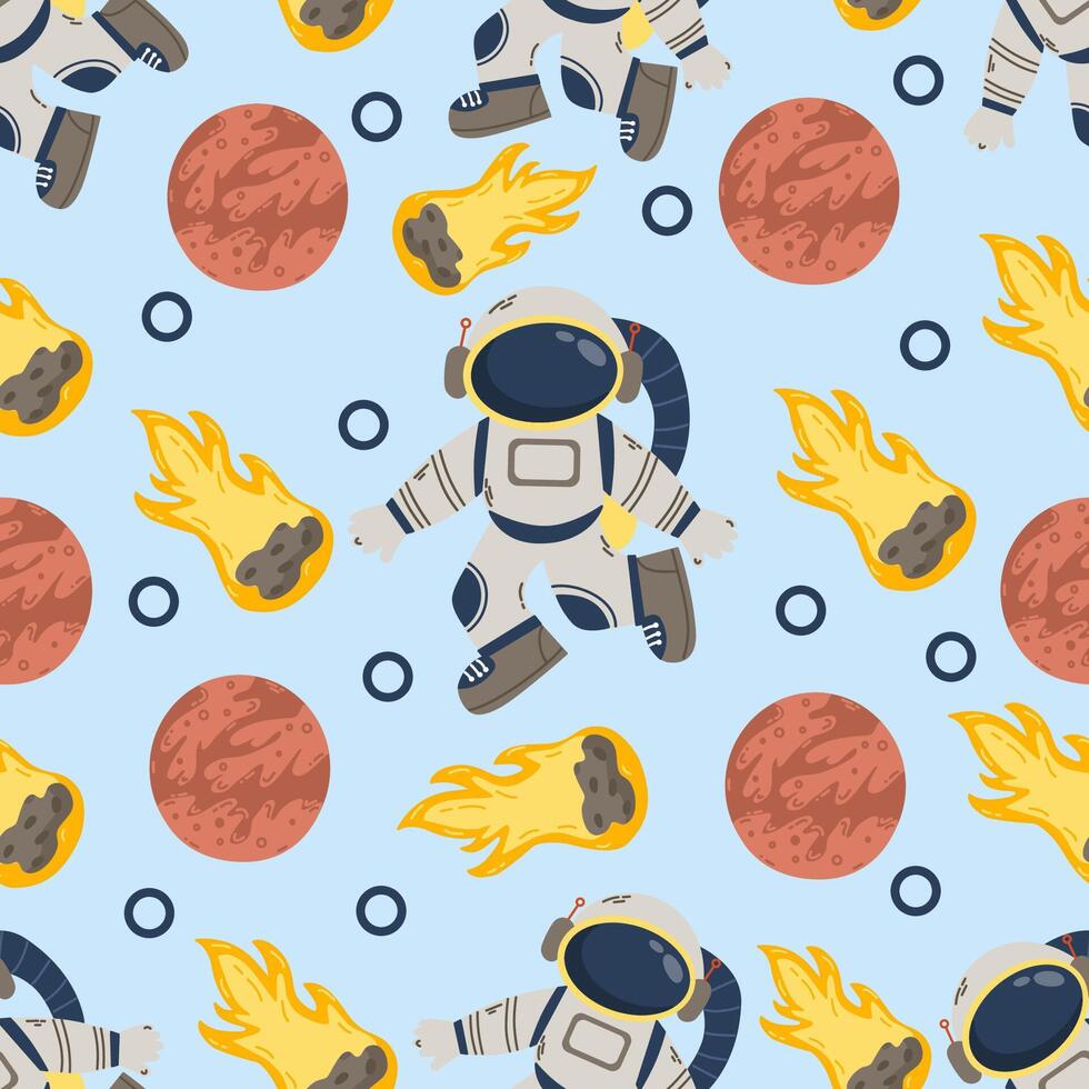 Plats sömlös mönster med söt astronaut, planet och komet design för ungar. Plats bakgrund för hälsningar, inbjudningar, omslag papper produktion, textilier och webb design. vektor