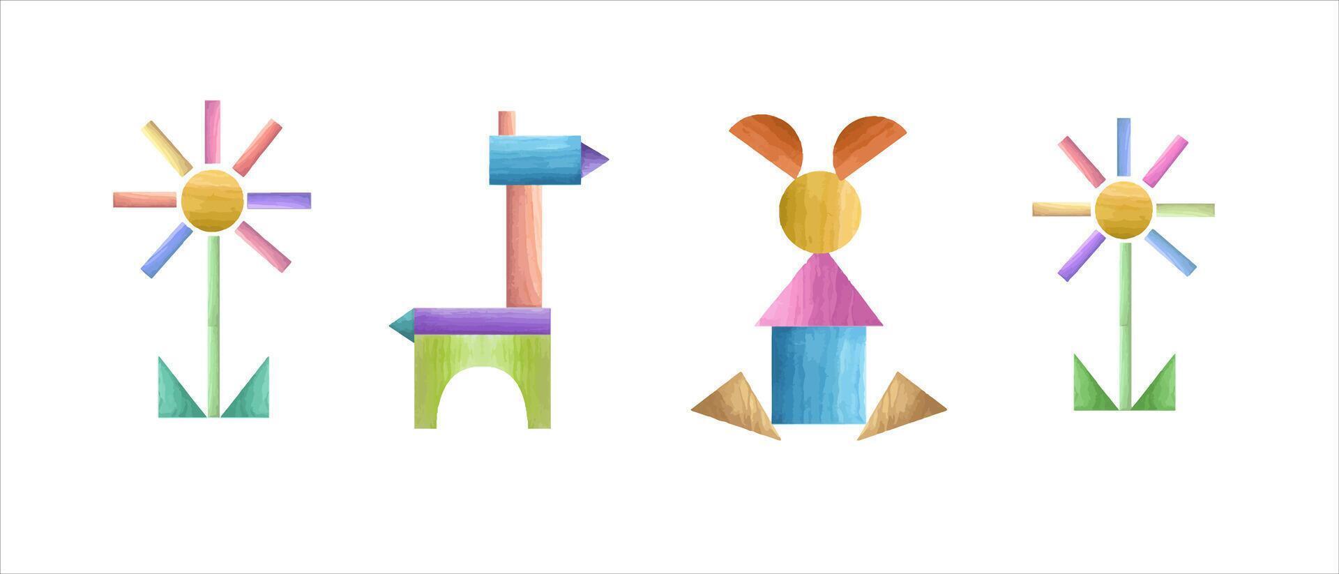 uppsättning av tangram geometrisk pussel. trä- blomma, hare, häst i ljus färger. vattenfärg illustration. vektor