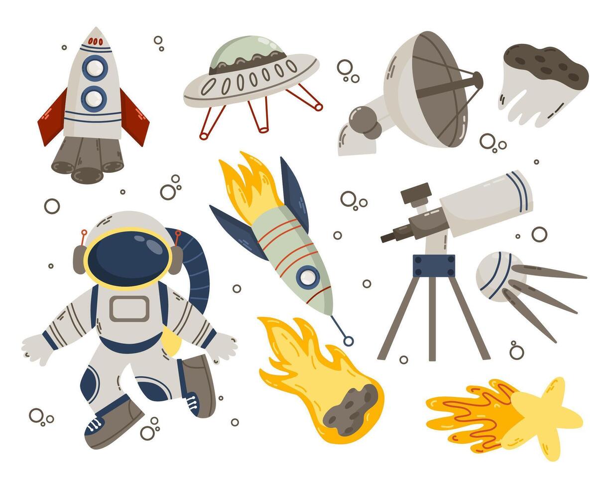 ein süß einstellen zum Raum. Astronaut, Raketen, Fernrohr, fliegend Schiff, Satellit, Zukunft Raumschiffe und fliegend Untertassen, Komet. vektor