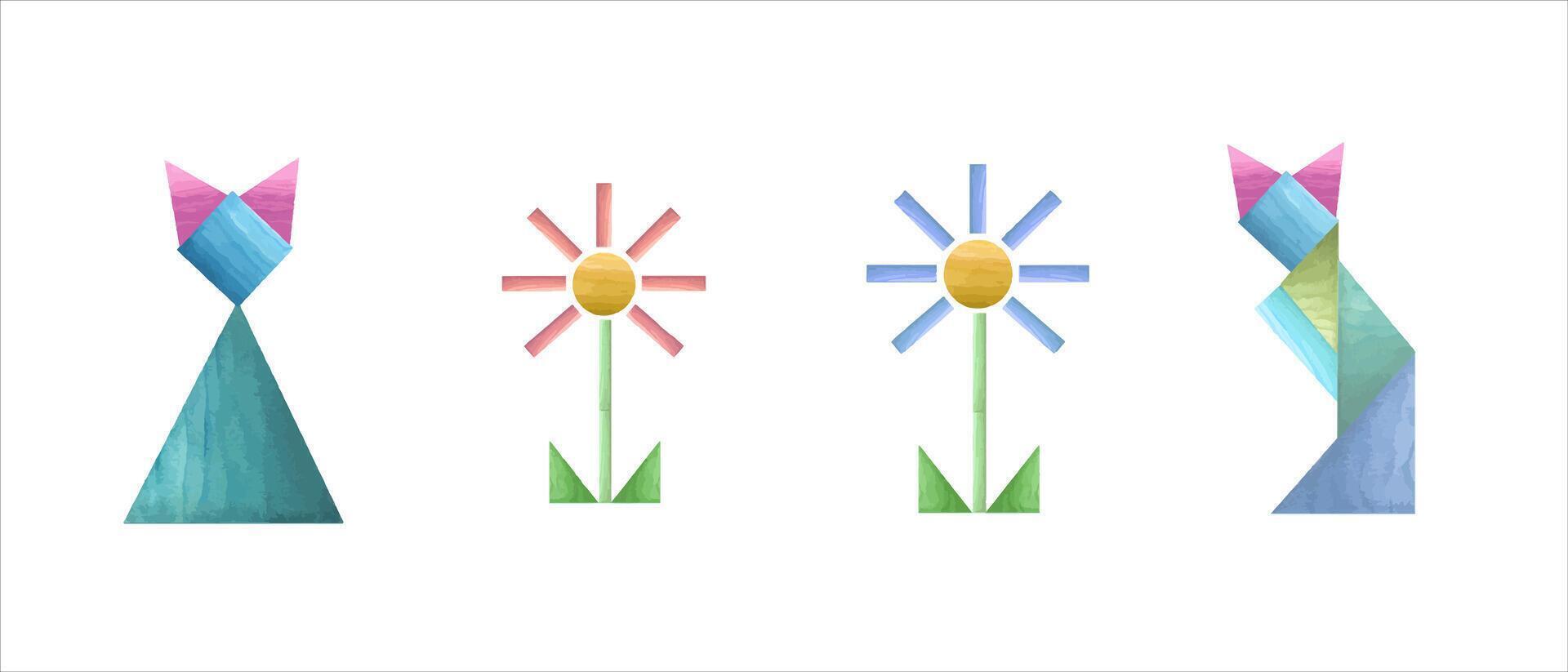 uppsättning av tangram geometrisk leksaker. trä- blomma, hare, häst i ljus färger. vattenfärg illustration vektor