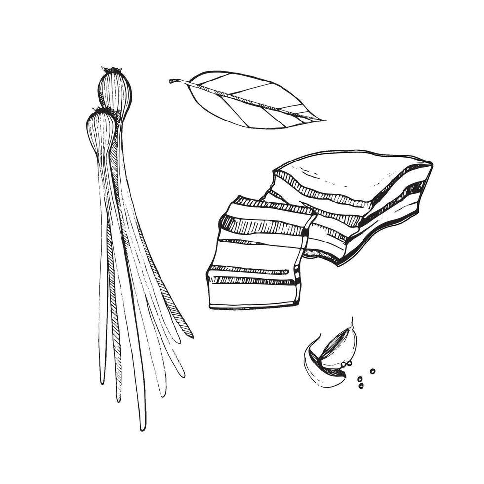 Illustration. Illustration von Schmalz, ein Stück von Schmalz, Bucht Blatt, Knoblauch Nelken, Pfefferkörner, Zwiebel. alle Objekte sind gezeichnet im im schwarz. geeignet zum Drucken auf Papier, Menüs, Rezepte vektor