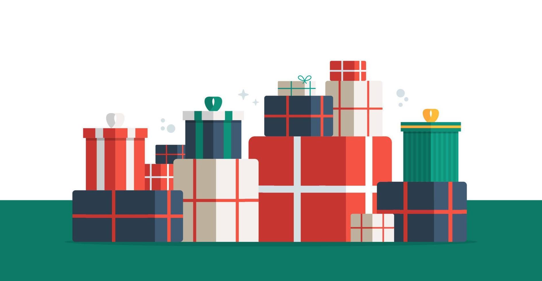 Stapeln Sie bunte Geschenk- oder Geschenkboxen mit Band- und Bogenvektorsatz. Geschenkboxstapel oder -stapel. Weihnachts- oder Geburtstagsgeschenk-Design. Weihnachtsboxen mit Band und Schleife. Vektor-Illustration. vektor