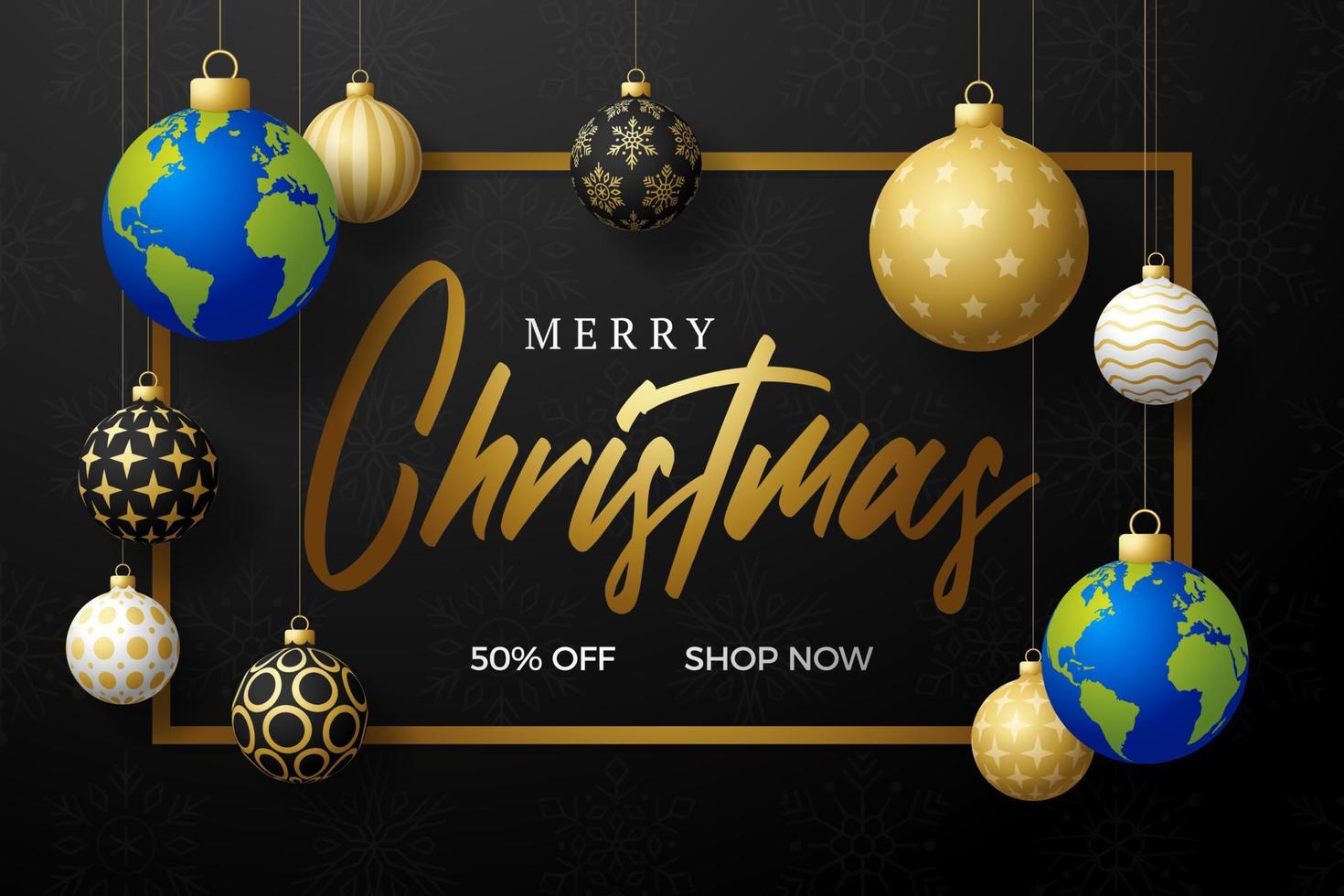 planet jorden jul boll kort. god jul världen gratulationskort. hänga på en tråd jordplanet som en julkula på svart bakgrund. världen vektor illustration.