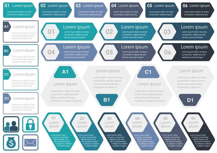 Satz sortierte geschäftsbezogene Infografiken, Tags und Ikonen lokalisiert auf weißem Hintergrund. vektor