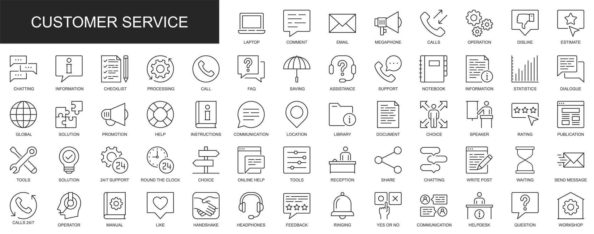 kund service webb ikoner uppsättning i tunn linje design. packa av respons, uppkopplad hjälp, teknisk Stöd, ringa upp, chattar, bearbetning, lösning, faq, Övrig översikt stroke piktogram. illustration. vektor