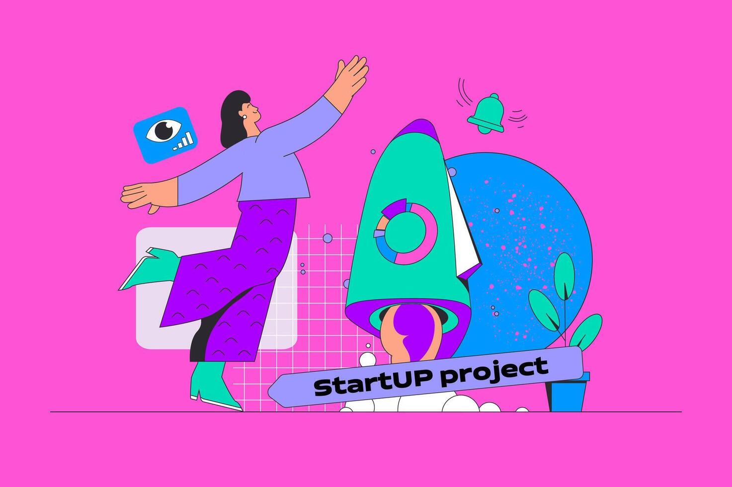 börja projekt begrepp i modern platt design för webb. kvinna entreprenör skapande och sjösättning ny företag, investera i företag. illustration för social media baner, marknadsföring material. vektor