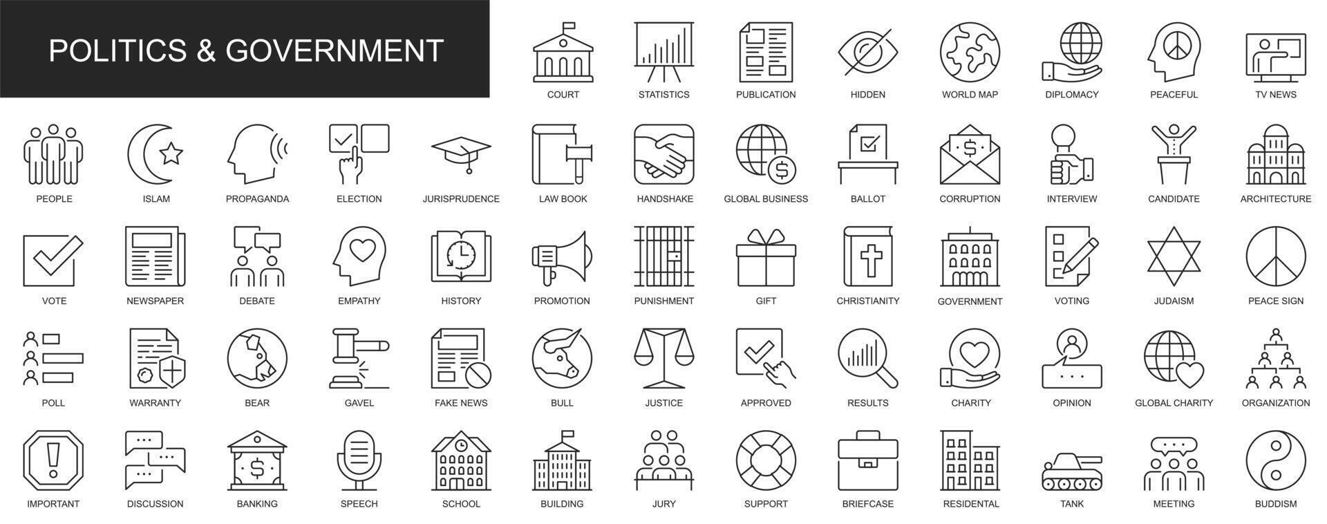 Politik und Regierung Netz Symbole einstellen im dünn Linie Design. Pack von Statistiken, Diplomatie, Fernseher Nachricht, Debatte, Wahl, Korruption, Abstimmung, Abstimmung, andere Gliederung Schlaganfall Piktogramme. Illustration. vektor