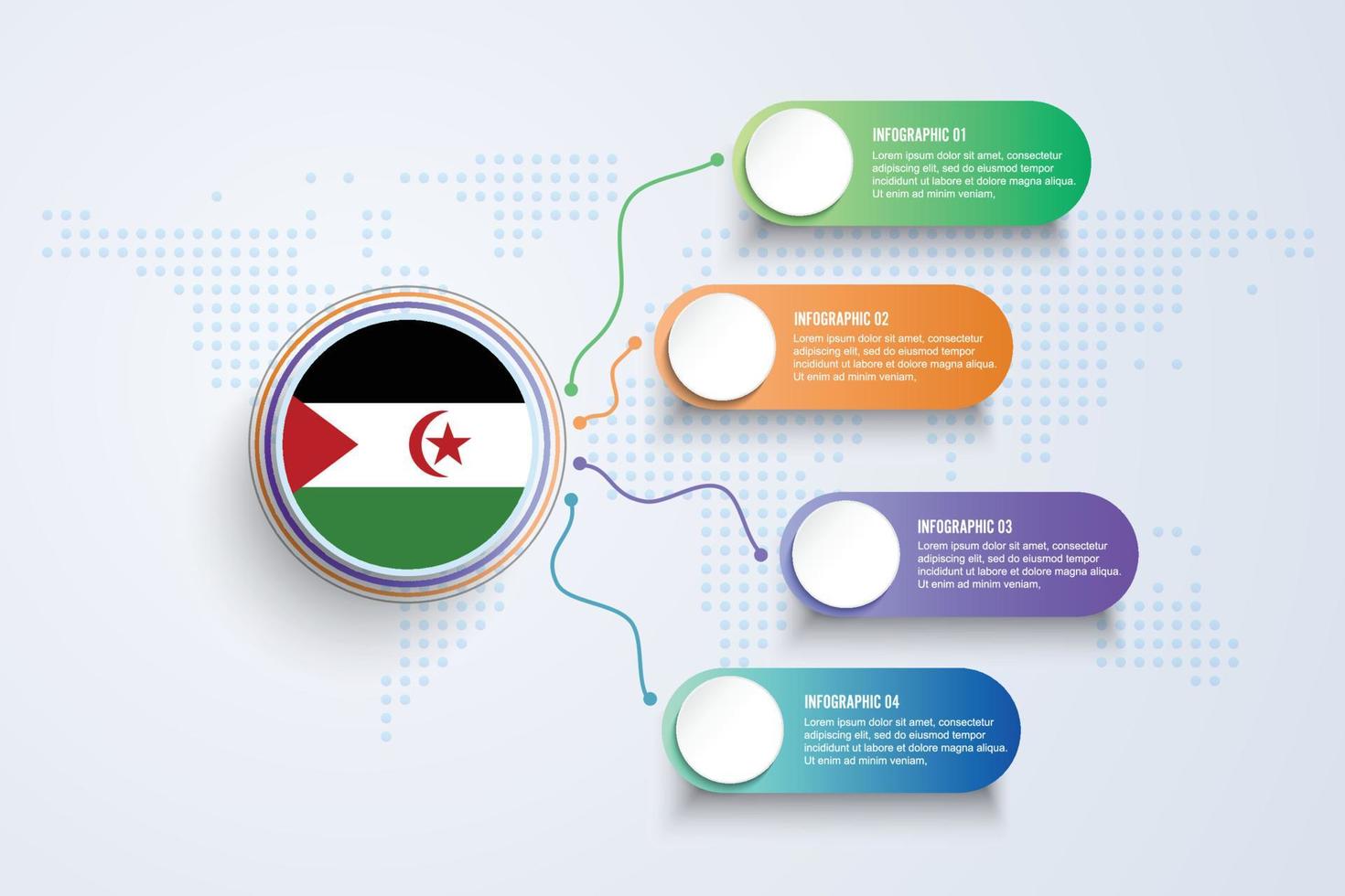 Västsahara flagga med infografisk design isolerad på dot världskarta vektor