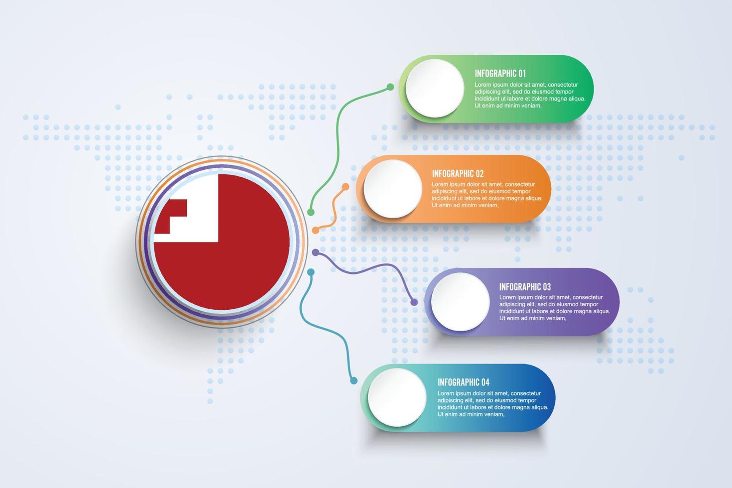 tonga flagga med infographic design isolerad på dot världskarta vektor