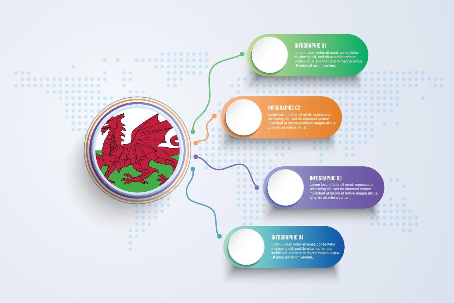 Wales-Flagge mit Infografik-Design isoliert auf Punktweltkarte vektor