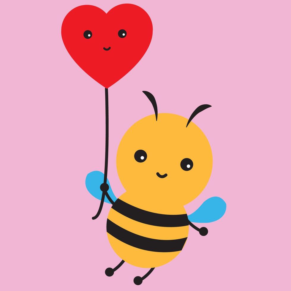 süß Biene im Liebe fliegend mit Herz geformt Ballon im Hand kawai Stil auf Rosa Hintergrund, glücklich Bienen vektor