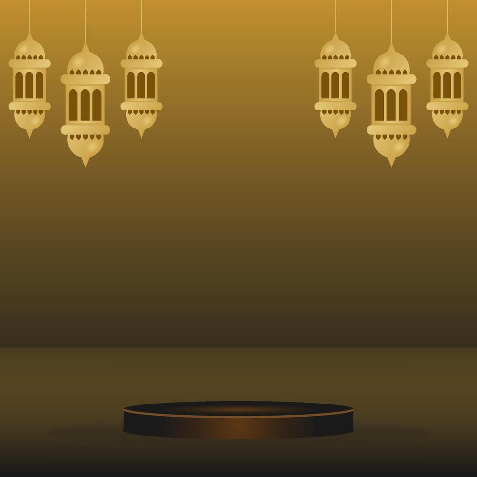 ramadan kareem podium med moské lykta prydnad. islamic podium runda skede för eid mubarak, ramadan kareem, muharram, iftar på brun Färg bakgrund. vektor
