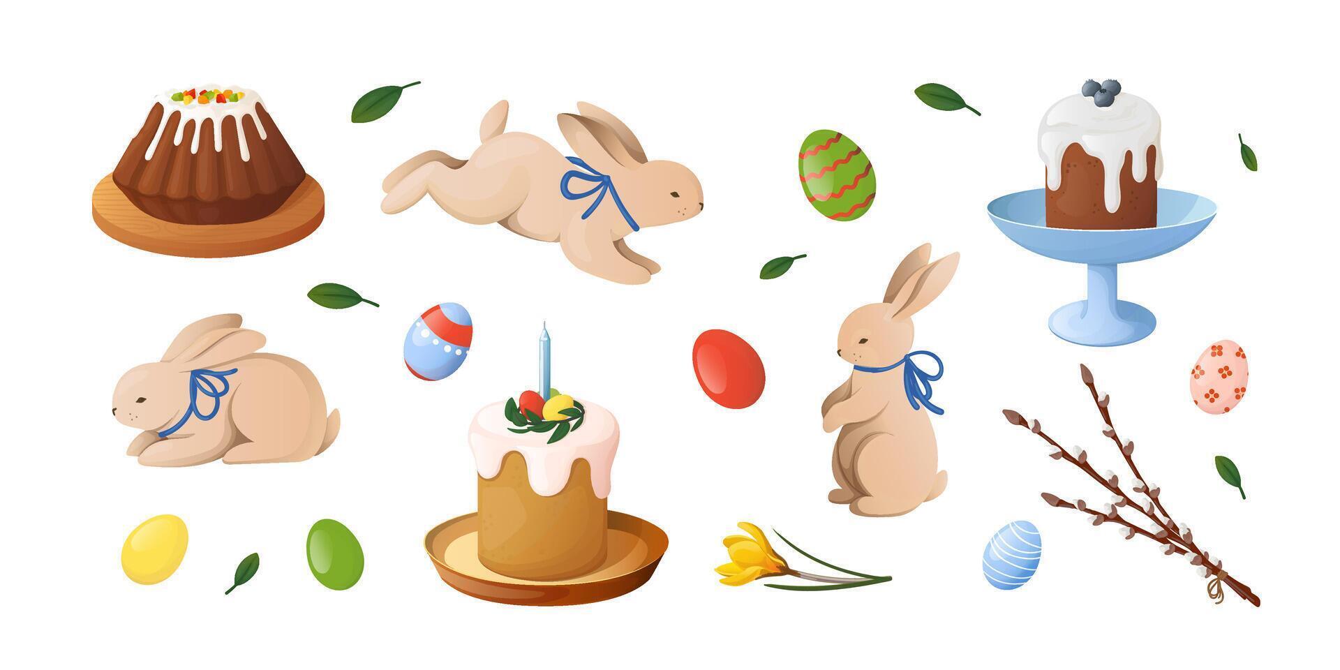 påsk uppsättning med påsk kakor, ägg, harar, vide gren och gul krokus i tecknad serie stil vektor