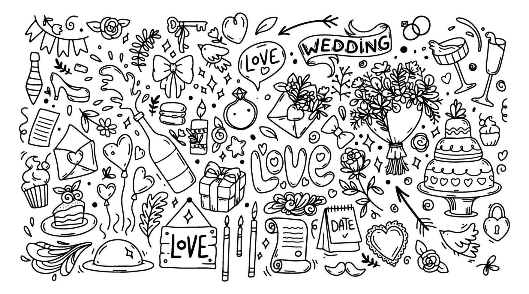 bröllop klotter illustration uppsättning. hand dragen klotter kärlek och känslor samling. för inbjudan kort, Inklusive mall design dekorativ element blommor, hjärtan, bukett, champagne, pilar. vektor