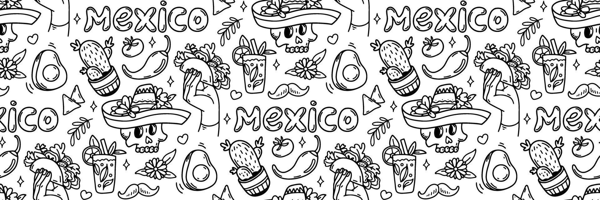 mexico klotter sömlös mönster. cinco de mayo firande bakgrund. mexikansk mat taco, avokado chili, tequila, sombrero skalle och Övrig kultur element. för tapet eller tyg. illustration vektor