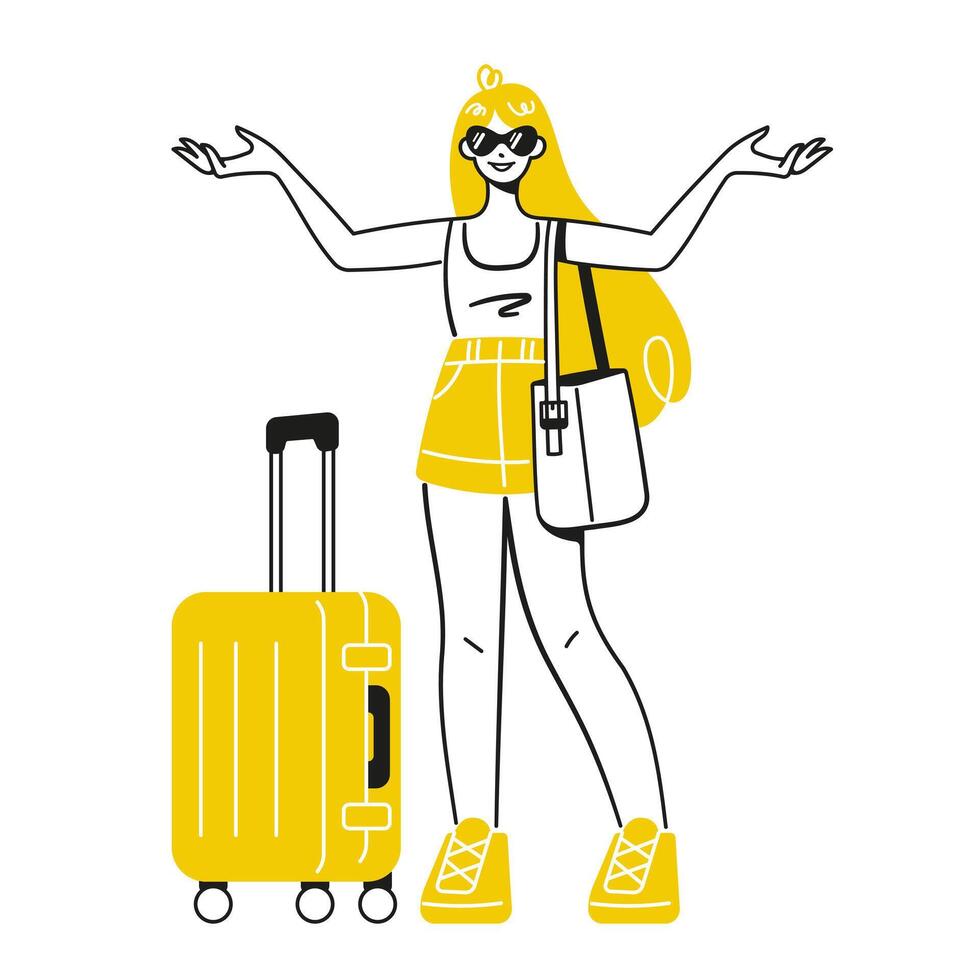 Lycklig kvinna med resa påsar, resväskor för semester resa. leende upphetsad flicka i solglasögon stående med sommar Semester bagage, bagage. platt illustration isolerat på vit bakgrund vektor