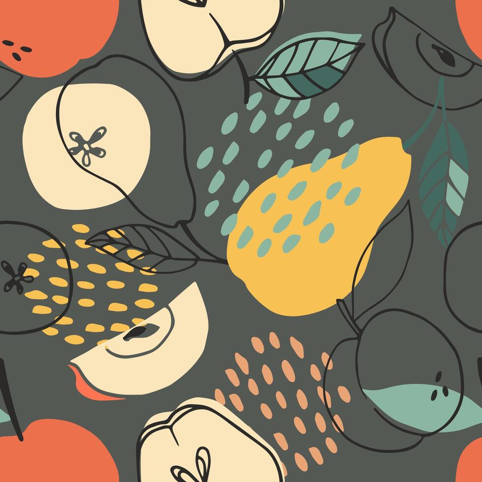 nahtlos Muster mit Äpfel, Birnen, Pfirsiche auf ein grau Hintergrund. mischen von Obst Kritzeleien. Karikatur Design. vektor