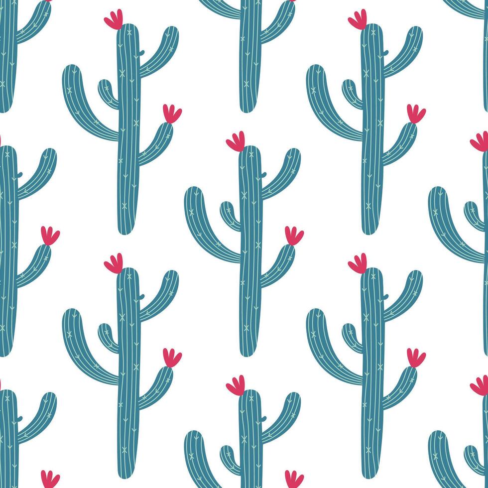 Kaktus nahtlos Muster. ein stachelig Pflanze mit ein lange Grün Stengel, Stacheln, bunt Blumen. Wüste saftig. wild Mexikaner Der Saguaro. Hand gezeichnet botanisch Gekritzel. eben Karikatur Hintergrund zum drucken vektor