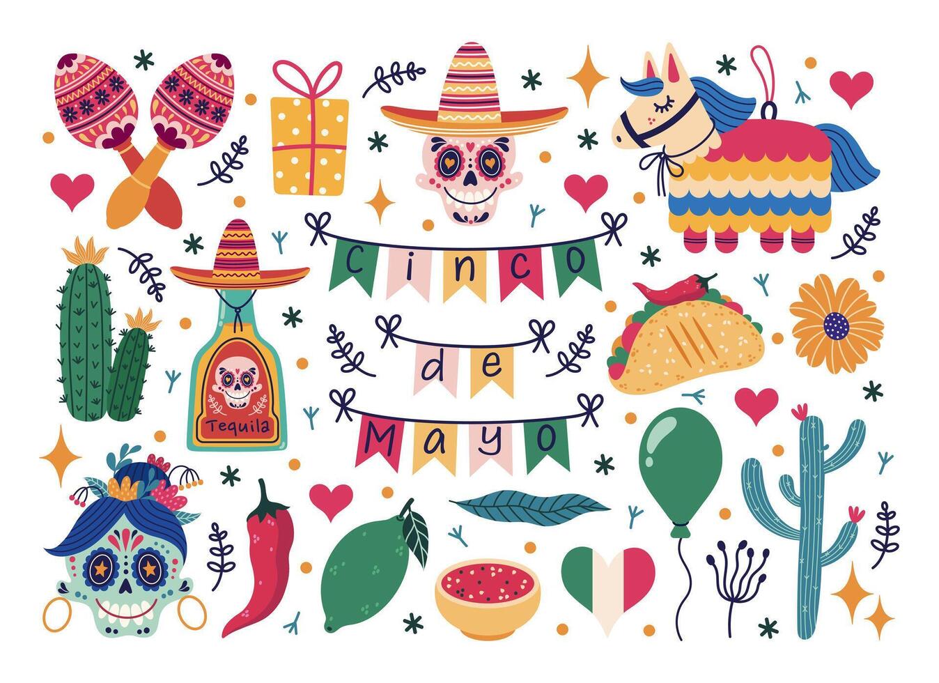 cinco de mayo uppsättning. symboler av de mexikansk Semester - festlig krans, socker skalle, tequila och kalk, kaktus, pinata, maracas. fira karneval, fiesta. hand dragen doodles, tecknad serie ClipArt vektor