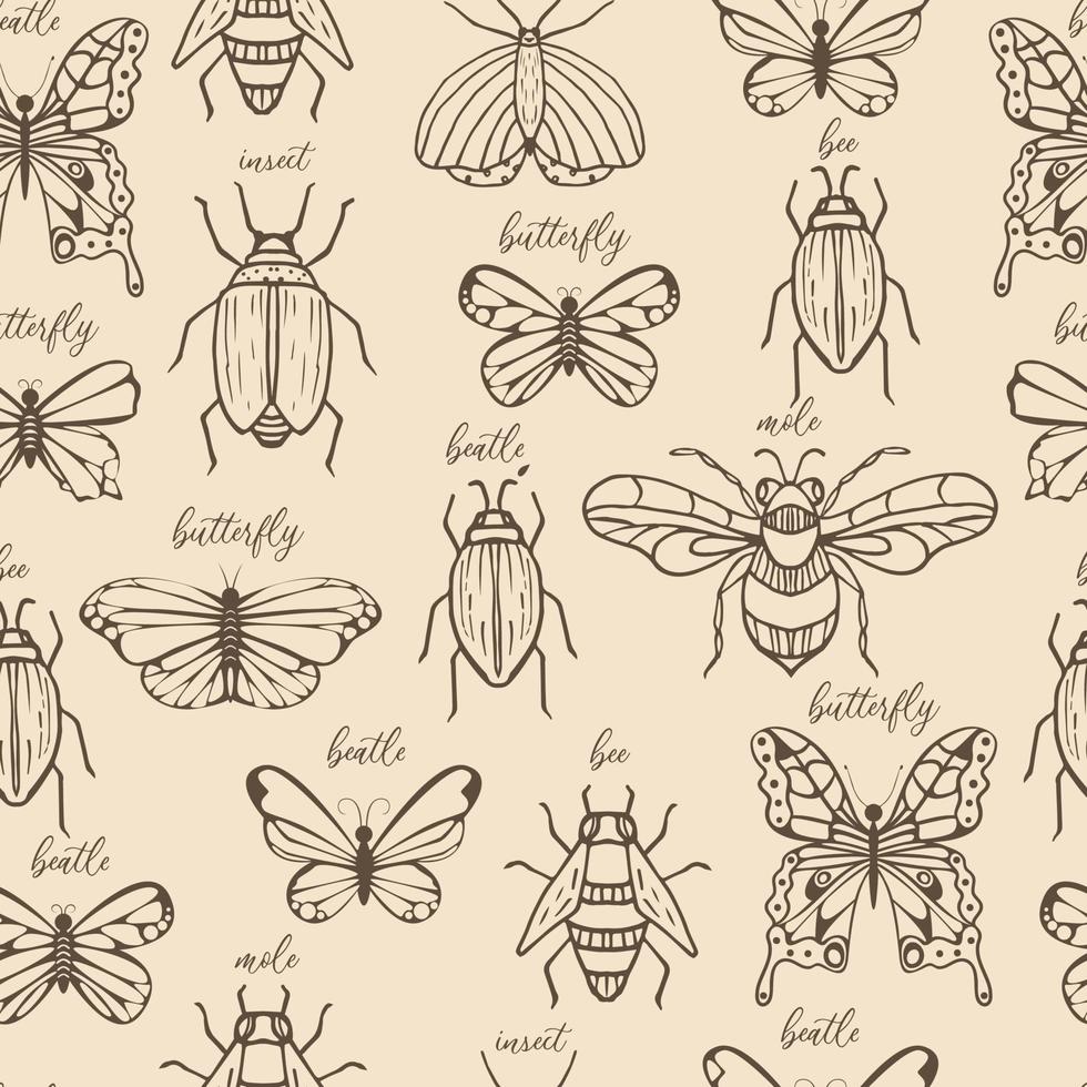 sömlösa mönster med insekter. skalbagge, bi, insekt, fjäril, mullvad. tryck för omslagspapper, tyg och kläder barn. vektor