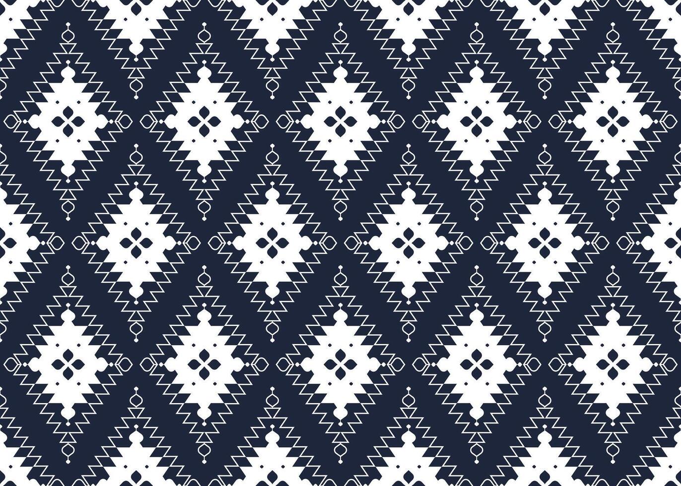 Weiß geometrisch und Blumen bilden auf dunkel Blau Hintergrund, ethnisch Stoff nahtlos Muster Design zum Stoff Teppich Hintergrund Verpackung usw. vektor