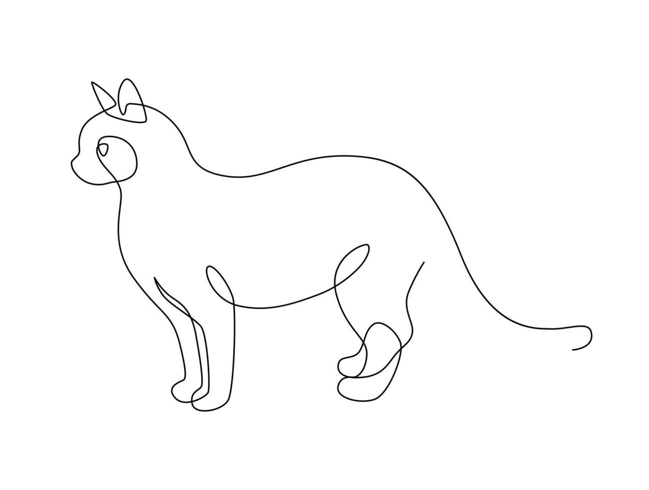 kontinuierlich Linie Zeichnung Katze Stehen starrt. Seite Aussicht Single linear dekorativ Design Konzept. Katze im einer Linie zum Logo, Werbung. Design Illustration. vektor