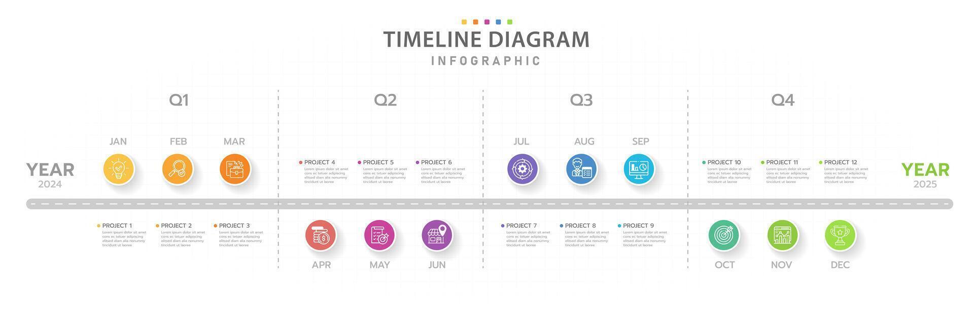 Infografik Vorlage zum Geschäft. 12 Monate modern Zeitleiste Diagramm Kalender, Präsentation Infografik. vektor